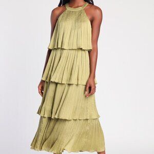 Lulus Tier And Far Light Green Tiered Pleated Halter Midi Dress - Size S